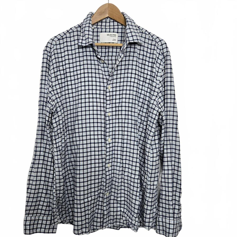 Selected Homme Shirt Mens XL Blue Mini Check Long Sleeve Button Down Soft Casual